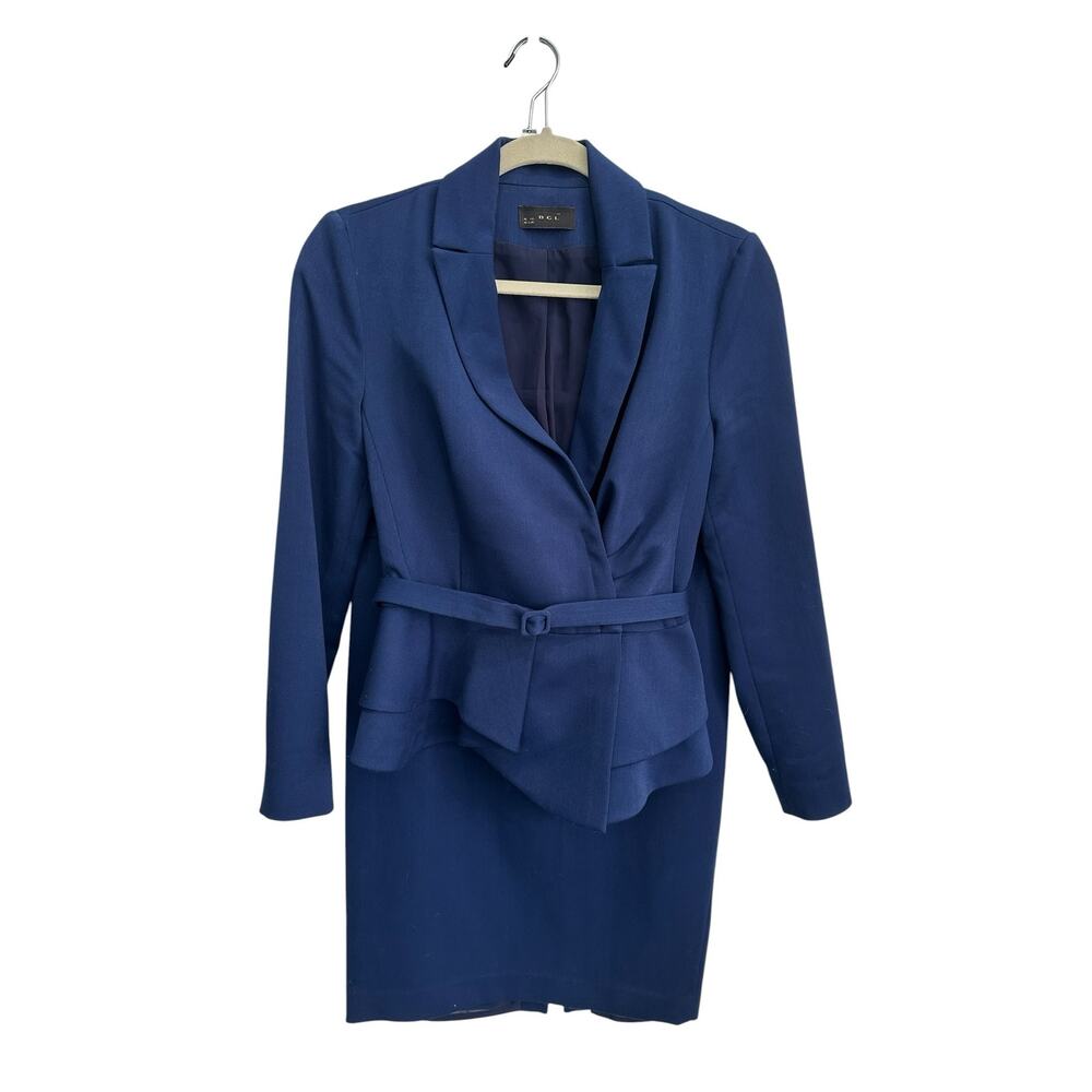 BGL Navy Blue Wool Blend Skirt Suit Peplum Belted Blazer Pencil Skirt Sz 40 EUR